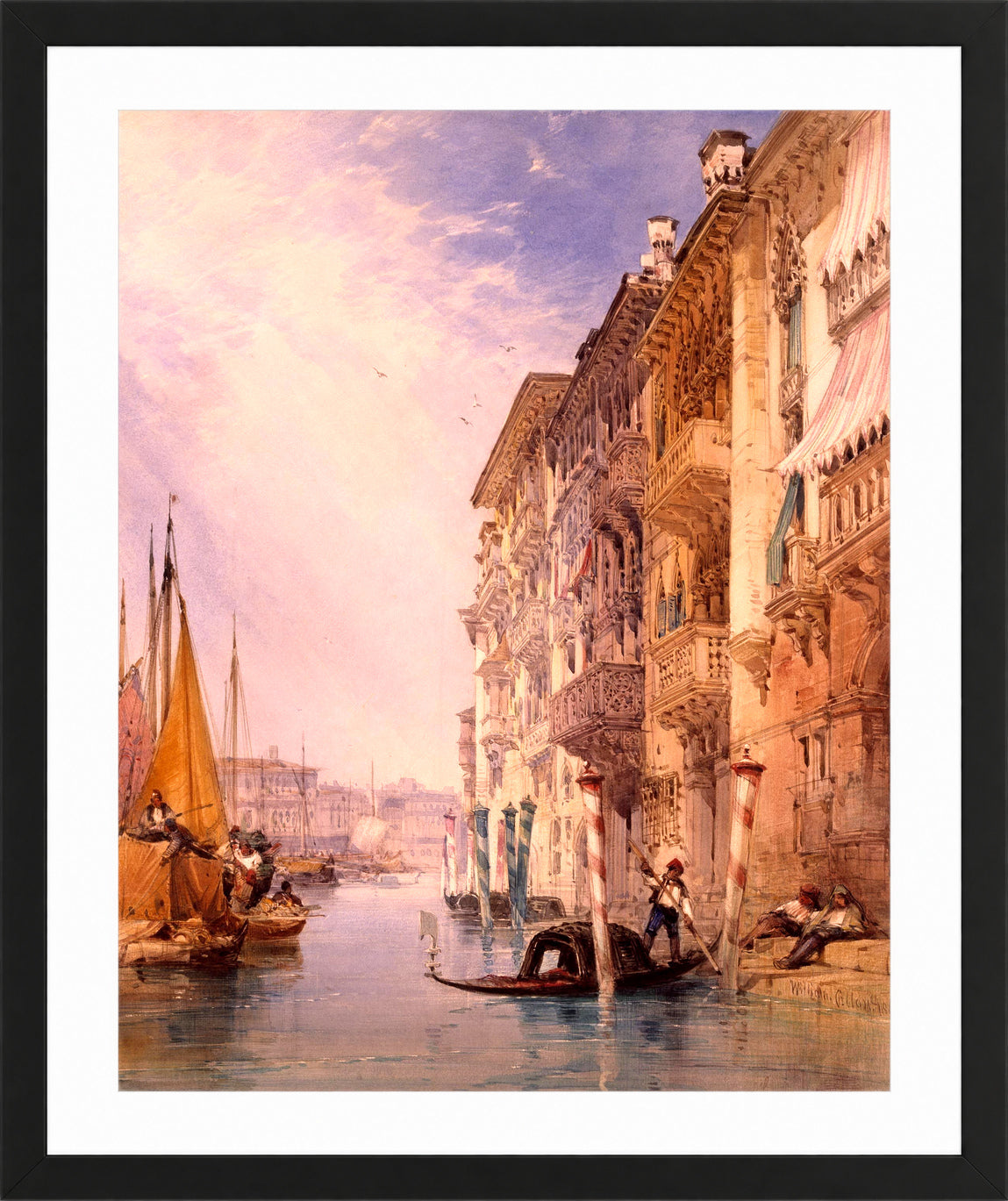 William Callow Print, A Gondola on the Grand Canal, Venice (1866) in a black frame