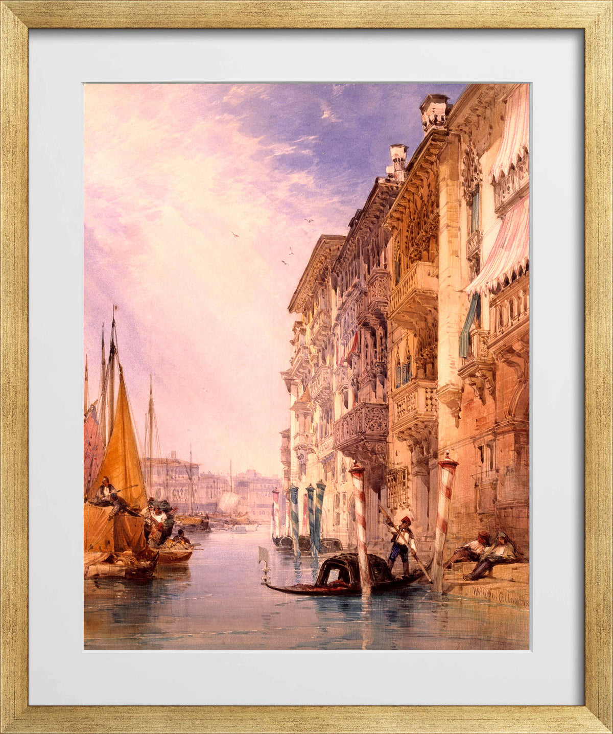 William Callow Print, A Gondola on the Grand Canal, Venice (1866) in a gold frame