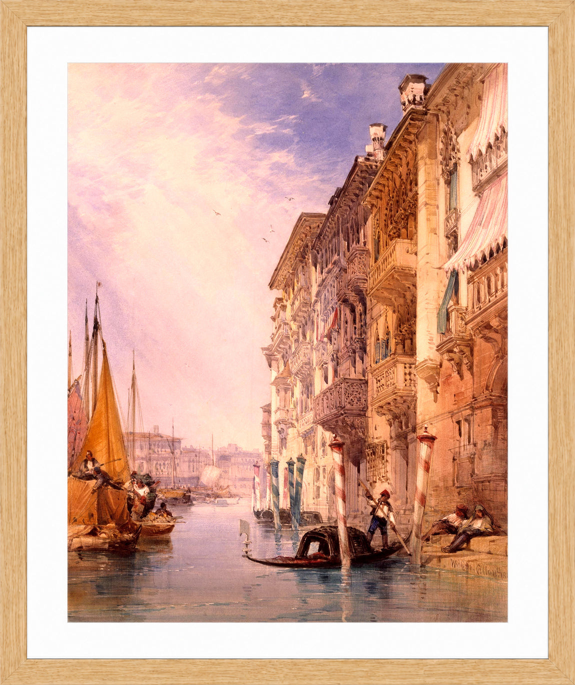 William Callow Print, A Gondola on the Grand Canal, Venice (1866) in an oak frame