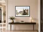 William Callow Print, A view of St Pier, Caen, France (1865) displayed above a console table