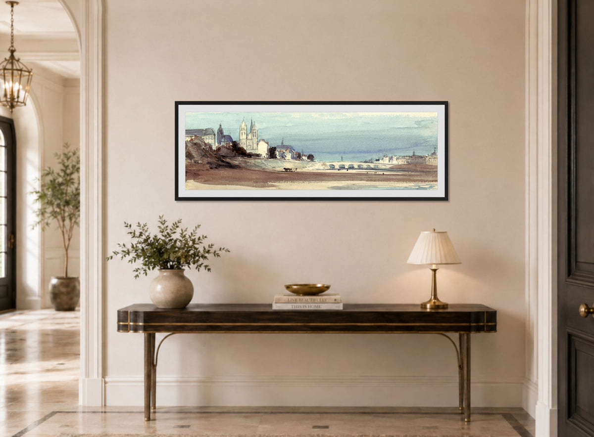 William Callow Print, Blois on the Loire (1856) displayed above a console table