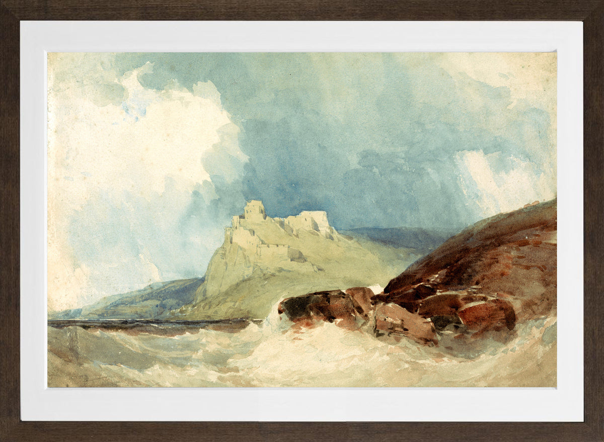 William Callow Print, Castle on a Cliff with Stormy Sea in a brown frame