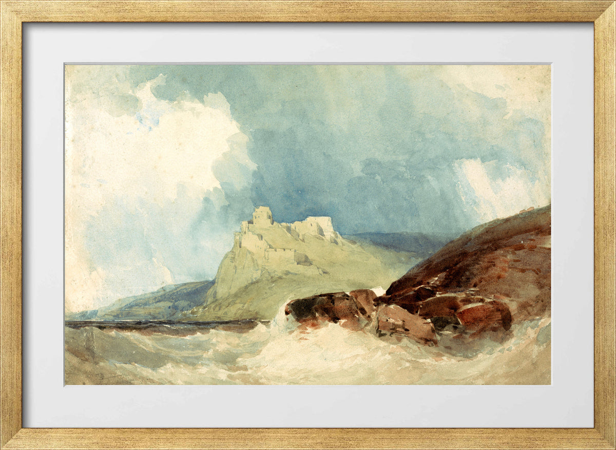William Callow Print, Castle on a Cliff with Stormy Sea in a gold frame
