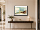 William Callow Print, Castle on a Cliff with Stormy Sea displayed above a console table