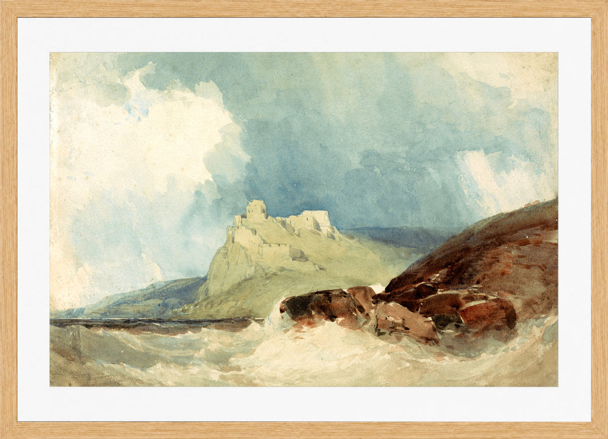William Callow Print, Castle on a Cliff with Stormy Sea in an oak frame