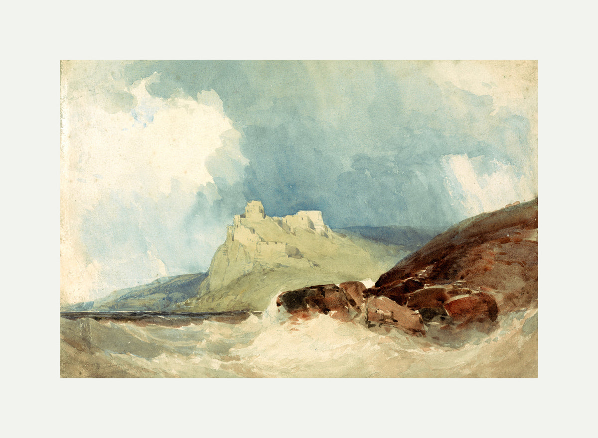 William Callow Print, Castle on a Cliff with Stormy Sea with an off-white border for rolled canvas