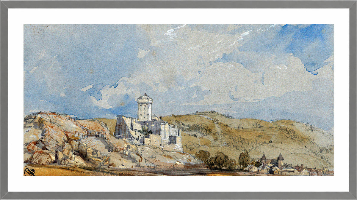 William Callow Print, Château de Lourdes (1836) in a light grey frame