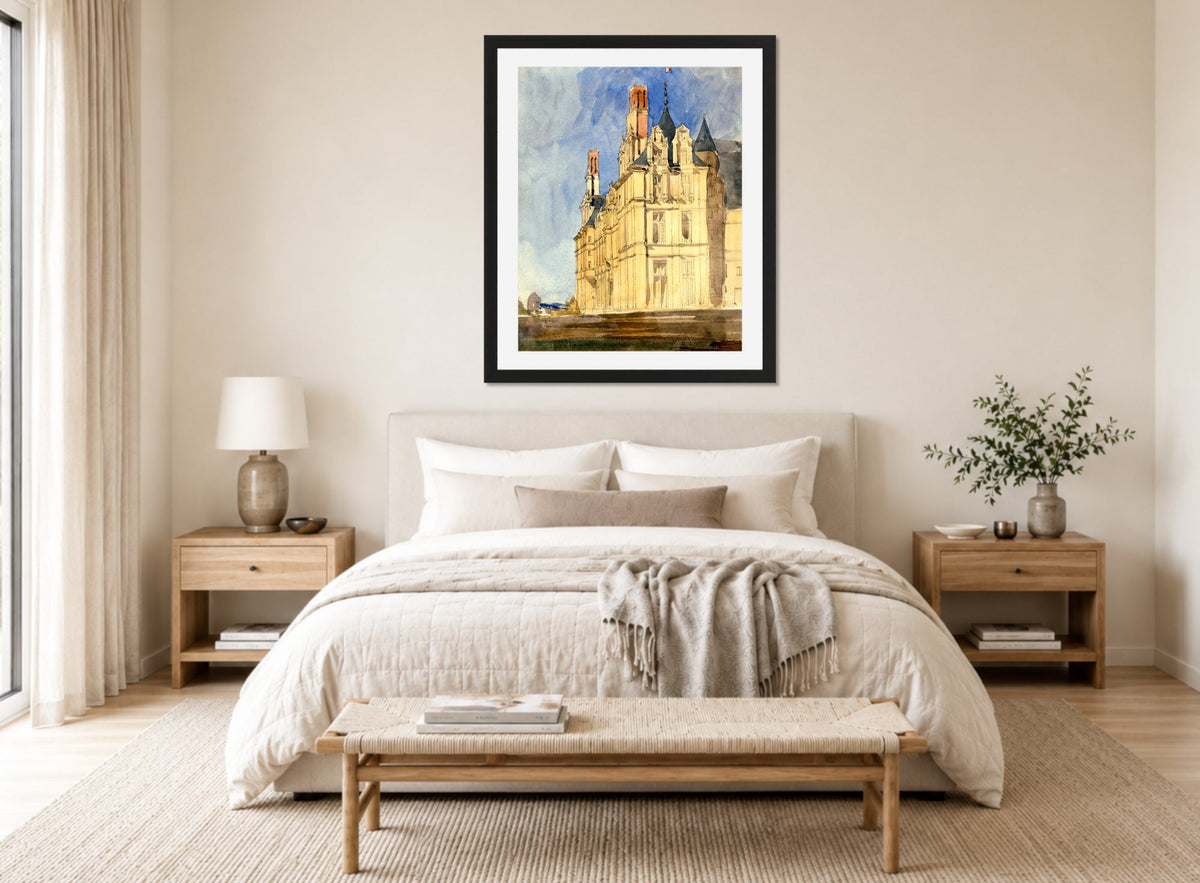 William Callow Print, Chateau d’Ecouen (1833) displayed above a bed