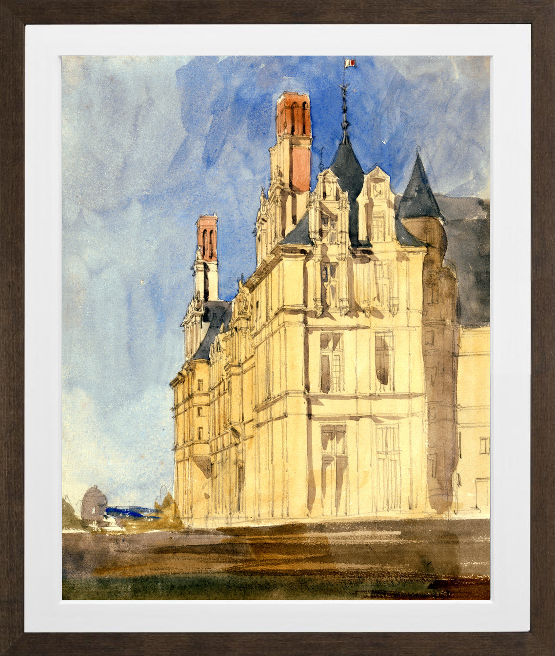 William Callow Print, Chateau d’Ecouen (1833) in a brown frame