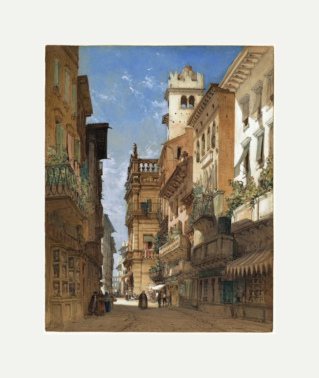 William Callow Print, Corso Sant’ Anastasia with the Palazzo Maffei in Verona (1855) with an off-white border for rolled canvas