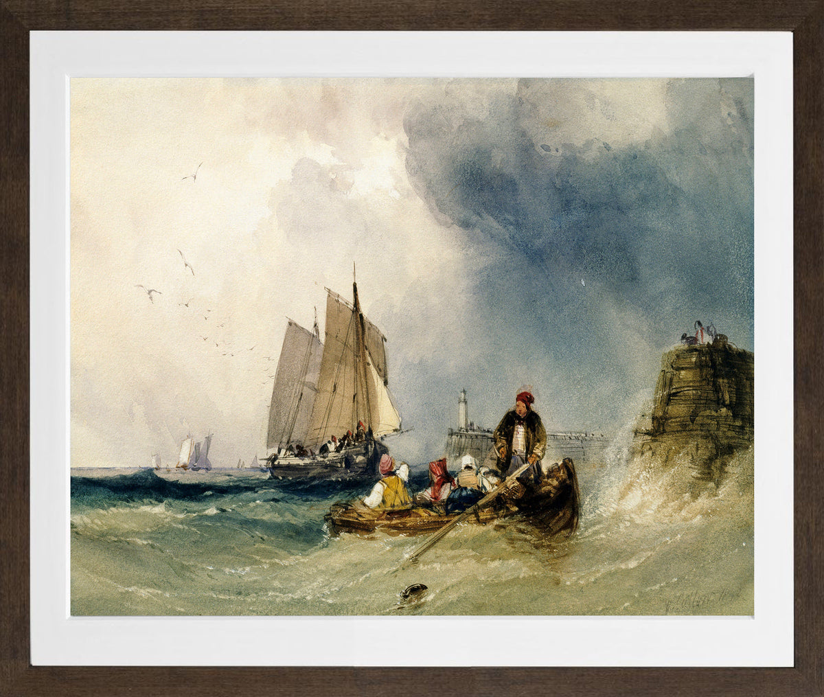 William Callow Print, Entering Harbour (1842) in a brown frame