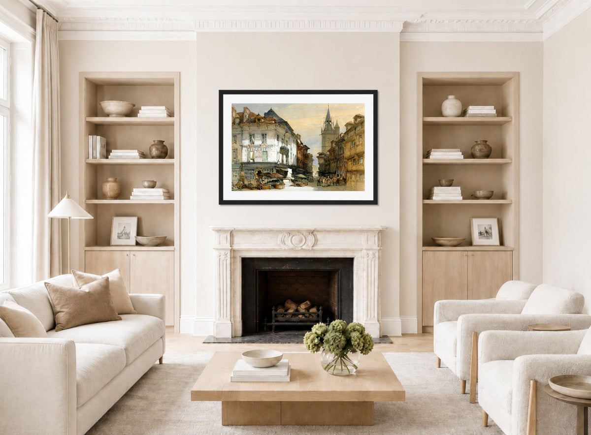 William Callow Print, Evereux, France (1855) displayed in a Scandinavian living room