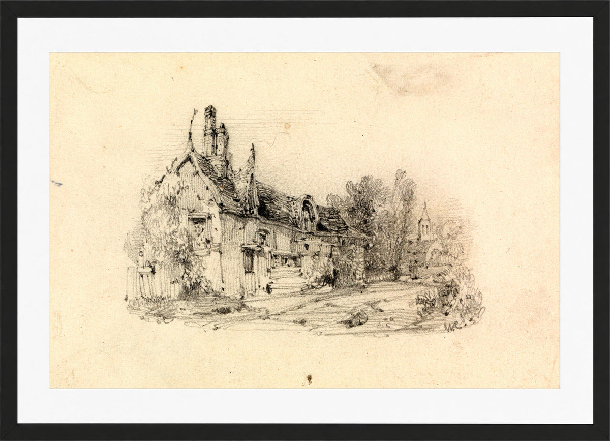 William Callow Print, Farmhouse with Church in Distance in a black frame