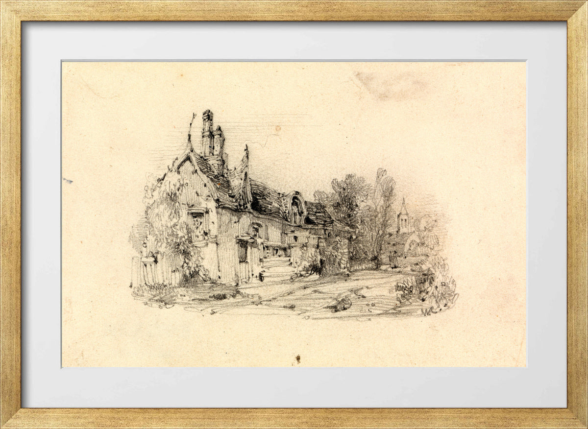 William Callow Print, Farmhouse with Church in Distance in a gold frame