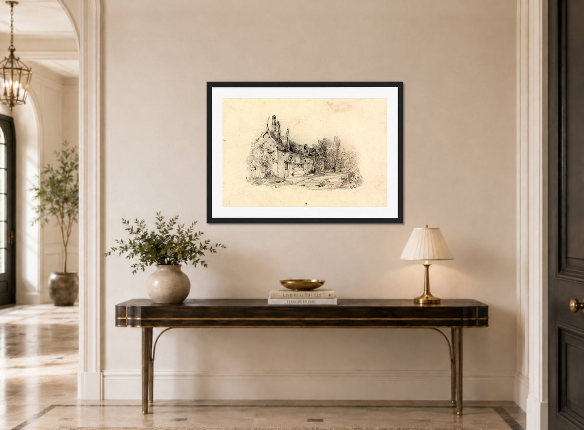 William Callow Print, Farmhouse with Church in Distance displayed above a console table