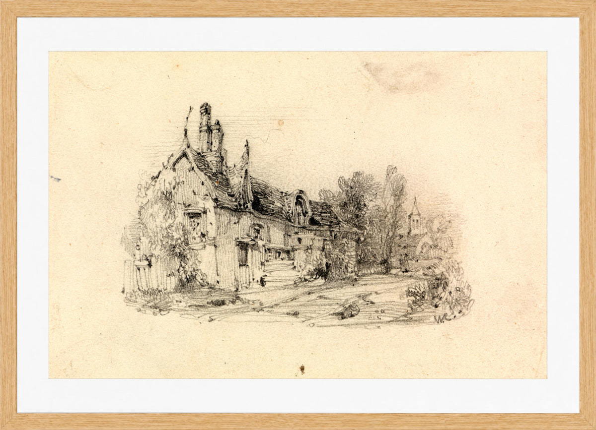 William Callow Print, Farmhouse with Church in Distance in an oak frame