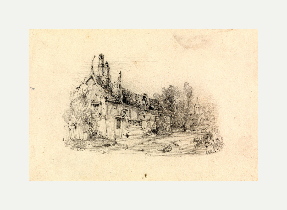 William Callow Print, Farmhouse with Church in Distance with an off-white border for rolled canvas