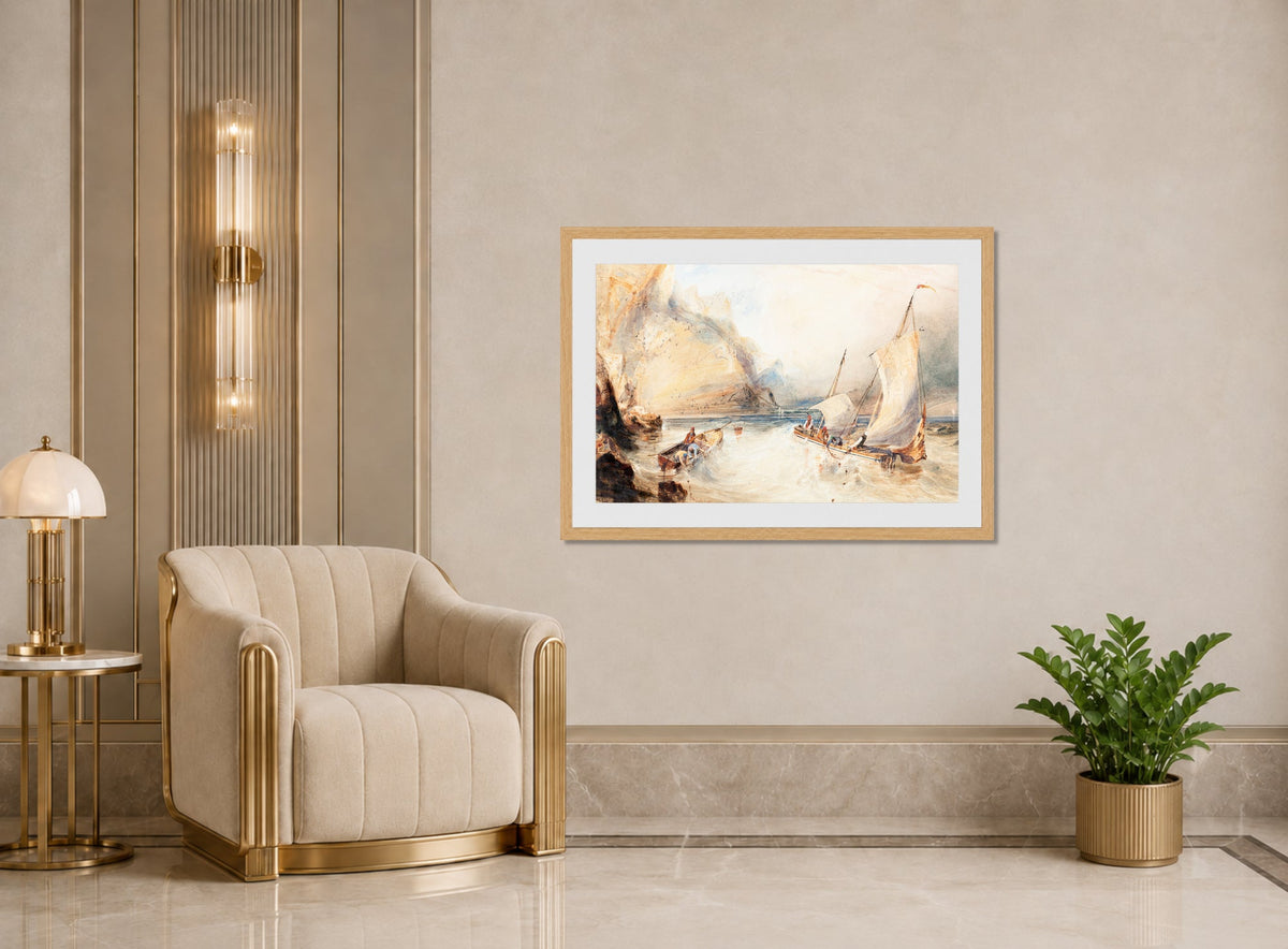 William Callow Print, Fishing Boats off a Rocky Coast (1833) displayed in an Art Deco interior