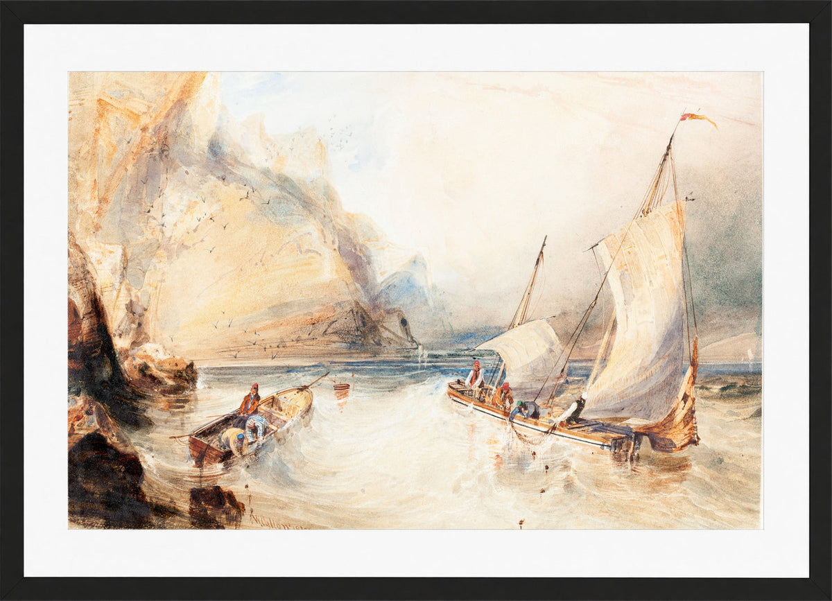 William Callow Print, Fishing Boats off a Rocky Coast (1833) in a black frame