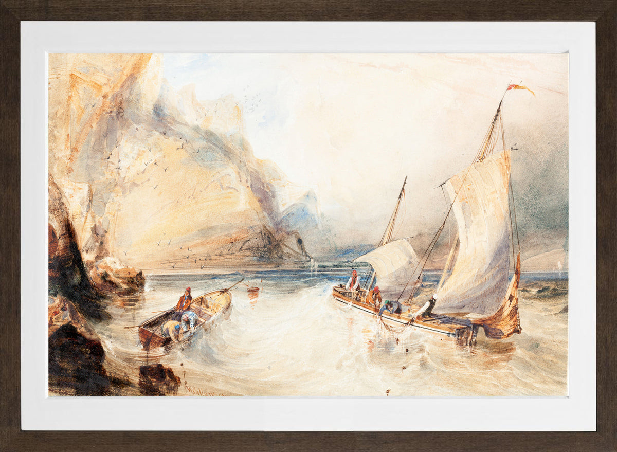 William Callow Print, Fishing Boats off a Rocky Coast (1833) in a brown frame