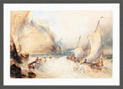 William Callow Print, Fishing Boats off a Rocky Coast (1833) in a dark grey frame