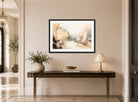 William Callow Print, Fishing Boats off a Rocky Coast (1833) displayed above a console table