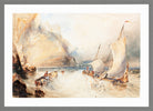William Callow Print, Fishing Boats off a Rocky Coast (1833) in a light grey frame
