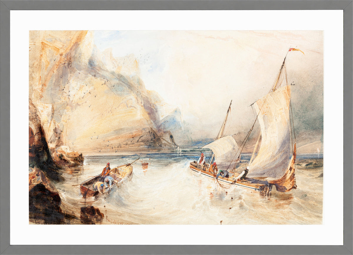 William Callow Print, Fishing Boats off a Rocky Coast (1833) in a light grey frame