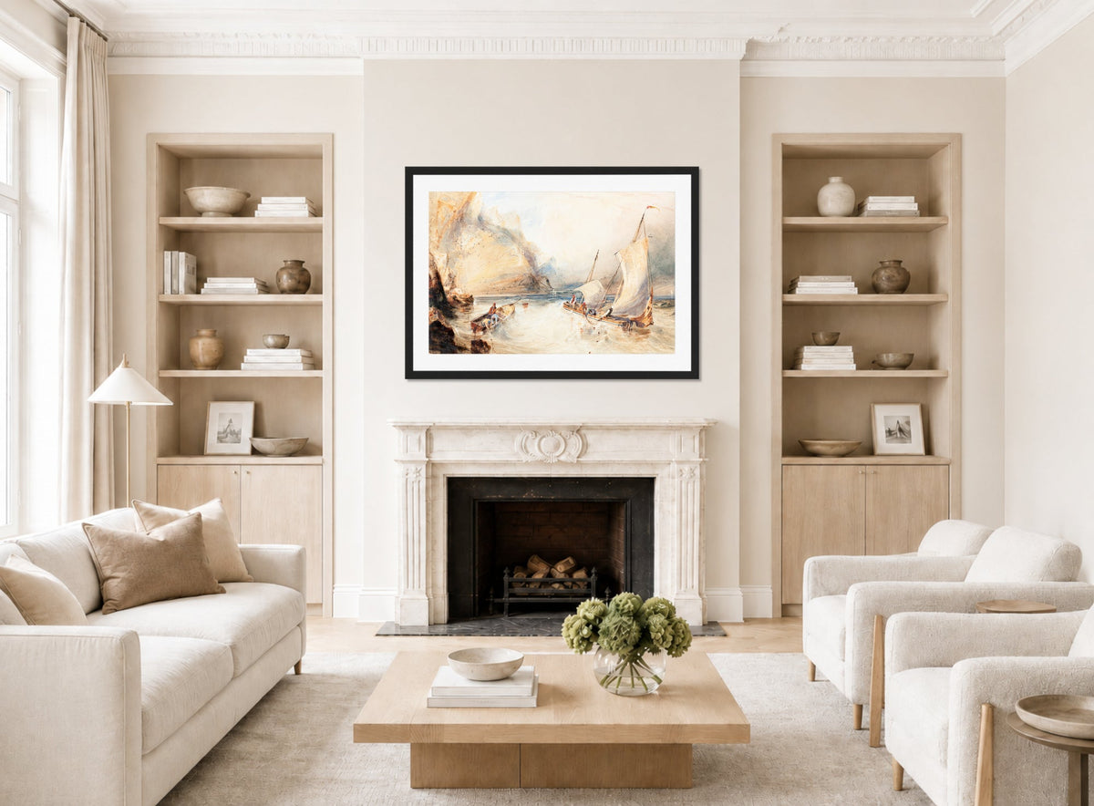 William Callow Print, Fishing Boats off a Rocky Coast (1833) displayed in a Scandinavian living room