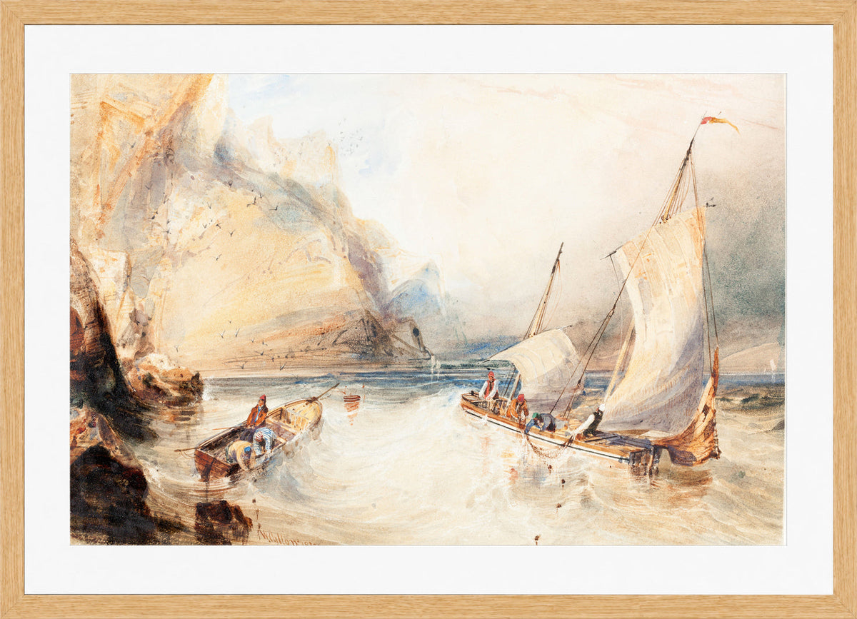 William Callow Print, Fishing Boats off a Rocky Coast (1833) in an oak frame