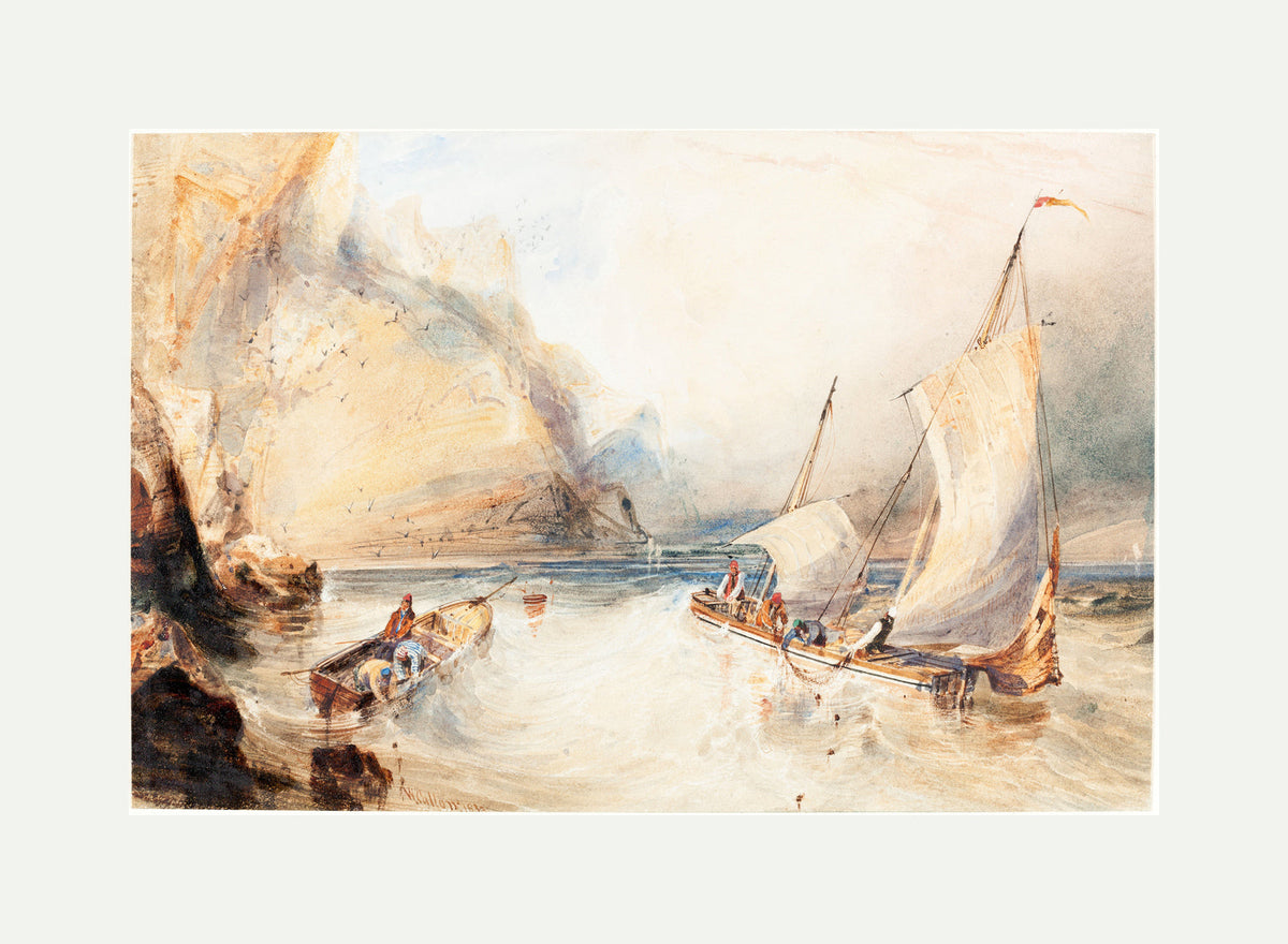 William Callow Print, Fishing Boats off a Rocky Coast (1833) with an off-white border for rolled canvas