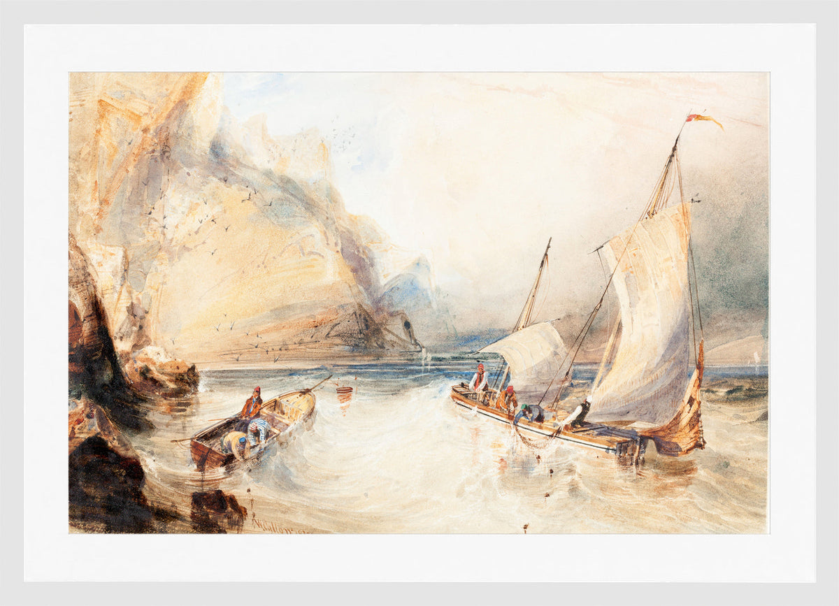 William Callow Print, Fishing Boats off a Rocky Coast (1833) in a white frame