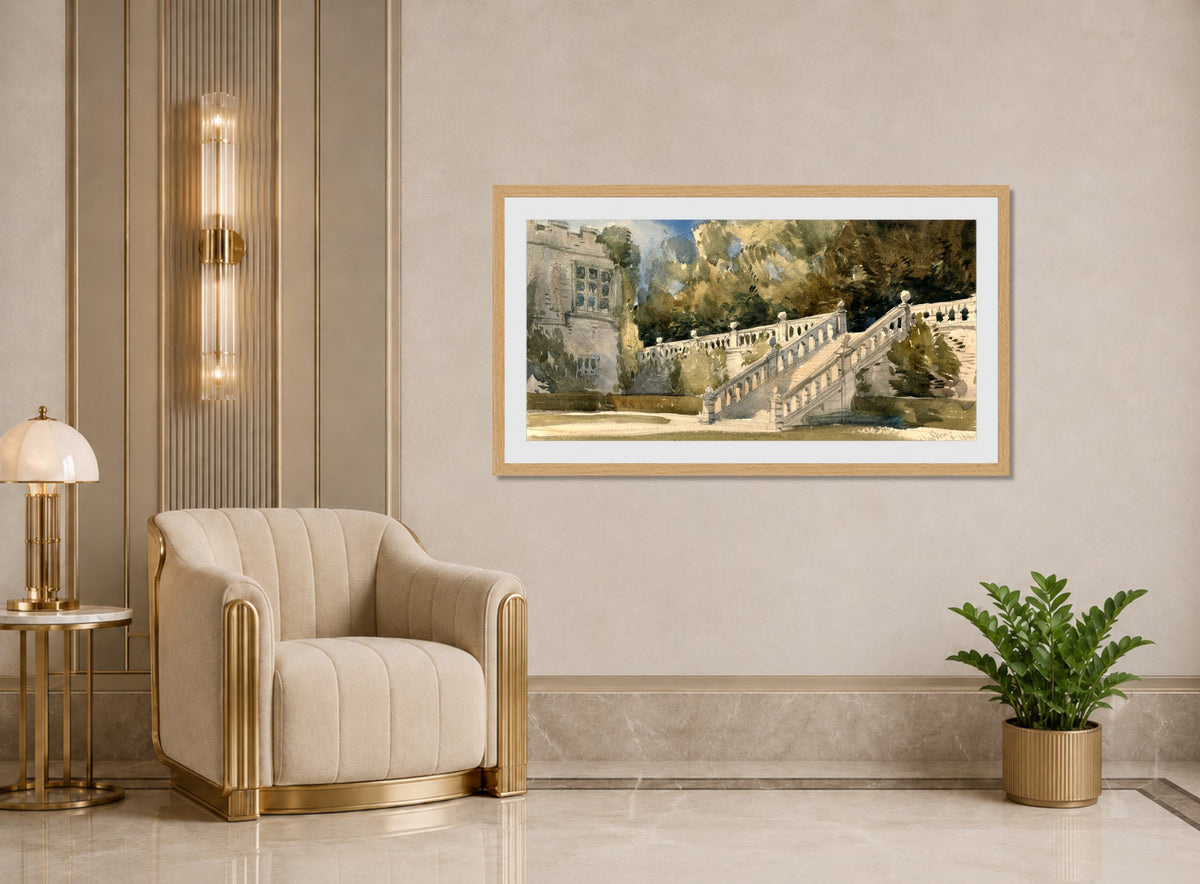 William Callow Print, Garden Stair, Haddon Hall (1849) displayed in an Art Deco interior