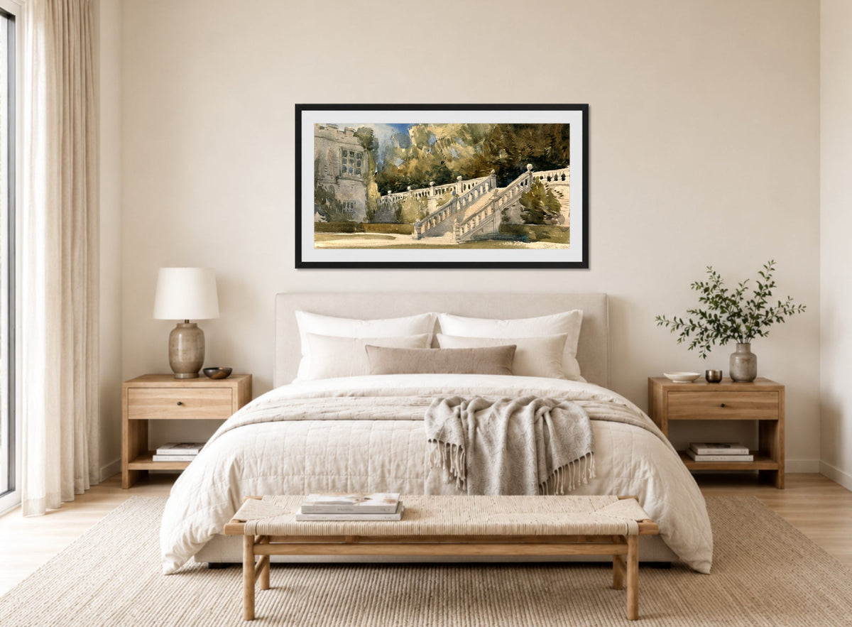 William Callow Print, Garden Stair, Haddon Hall (1849) displayed above a bed