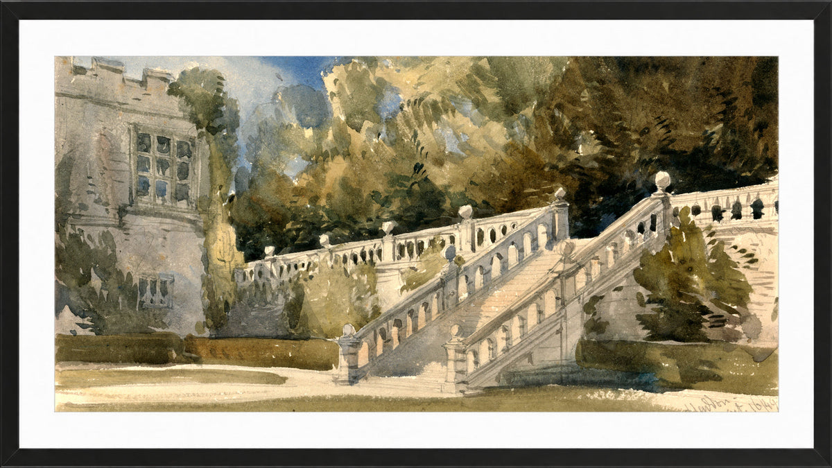 William Callow Print, Garden Stair, Haddon Hall (1849) in a black frame