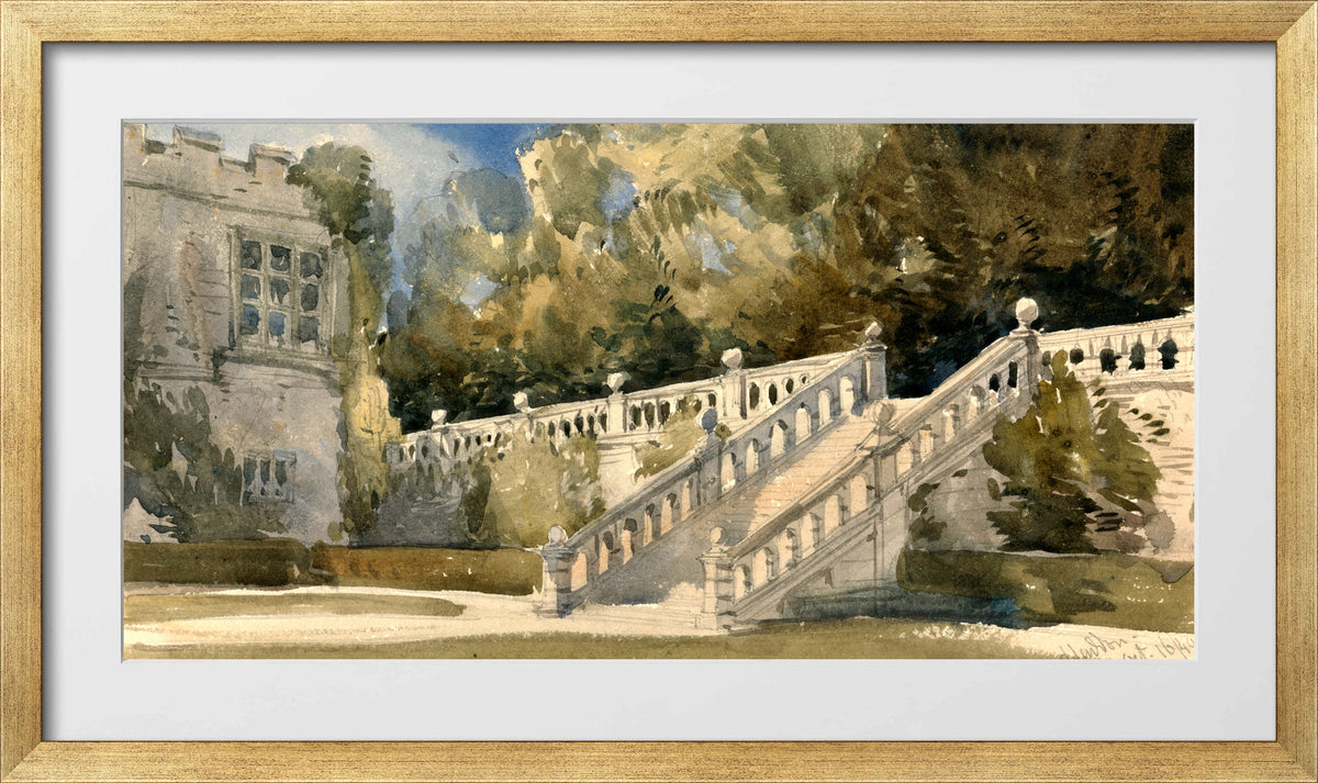 William Callow Print, Garden Stair, Haddon Hall (1849) in a gold frame