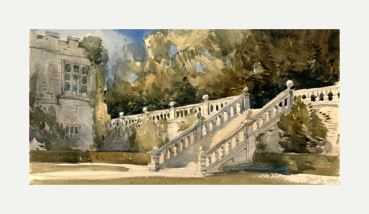 William Callow Print, Garden Stair, Haddon Hall (1849) with an off-white border for rolled canvas