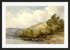 William Callow Print, Heuvellandschap met een meer en een boot met twee figuren (1822 - 1908) in a black frame