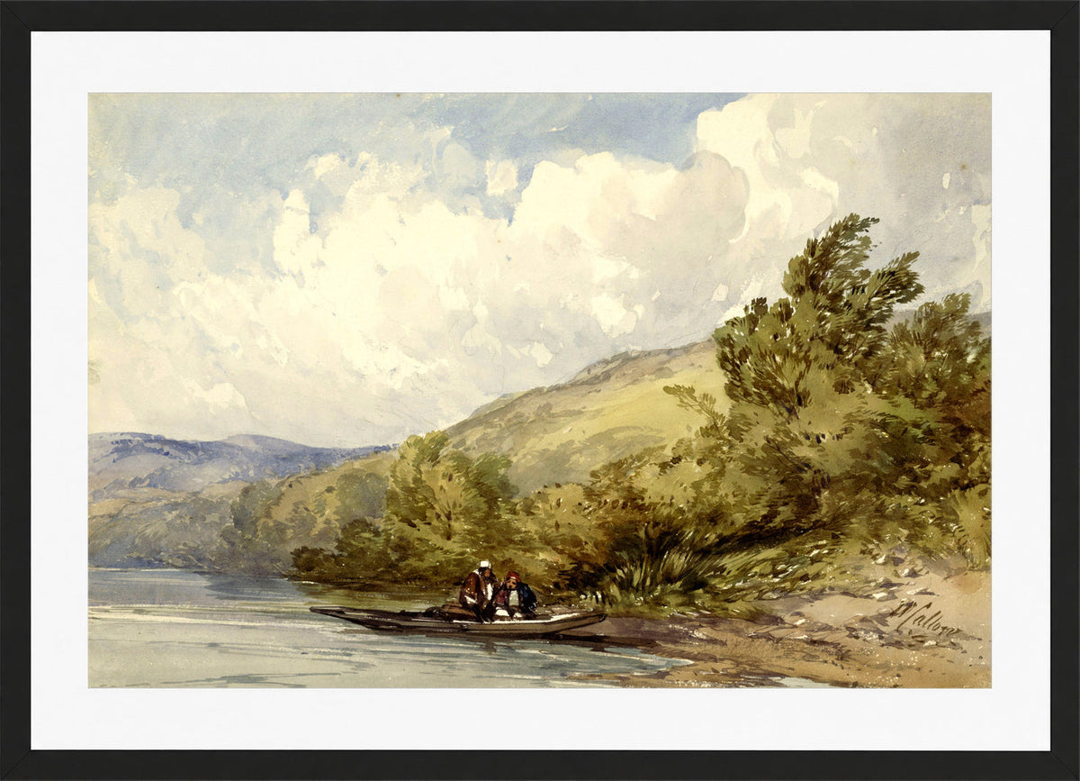 William Callow Print, Heuvellandschap met een meer en een boot met twee figuren (1822 - 1908) in a black frame
