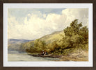 William Callow Print, Heuvellandschap met een meer en een boot met twee figuren (1822 - 1908) in a brown frame