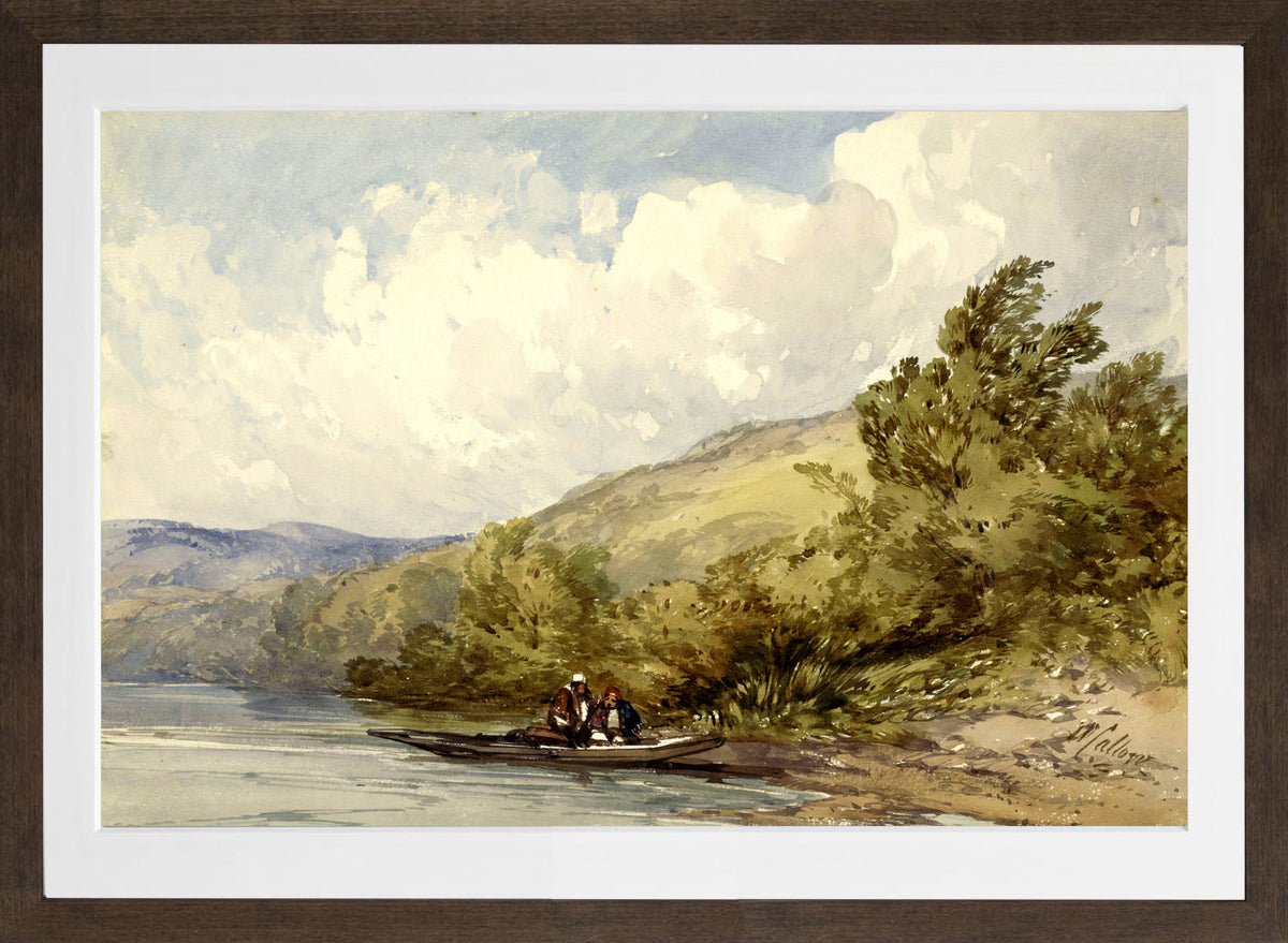 William Callow Print, Heuvellandschap met een meer en een boot met twee figuren (1822 - 1908) in a brown frame