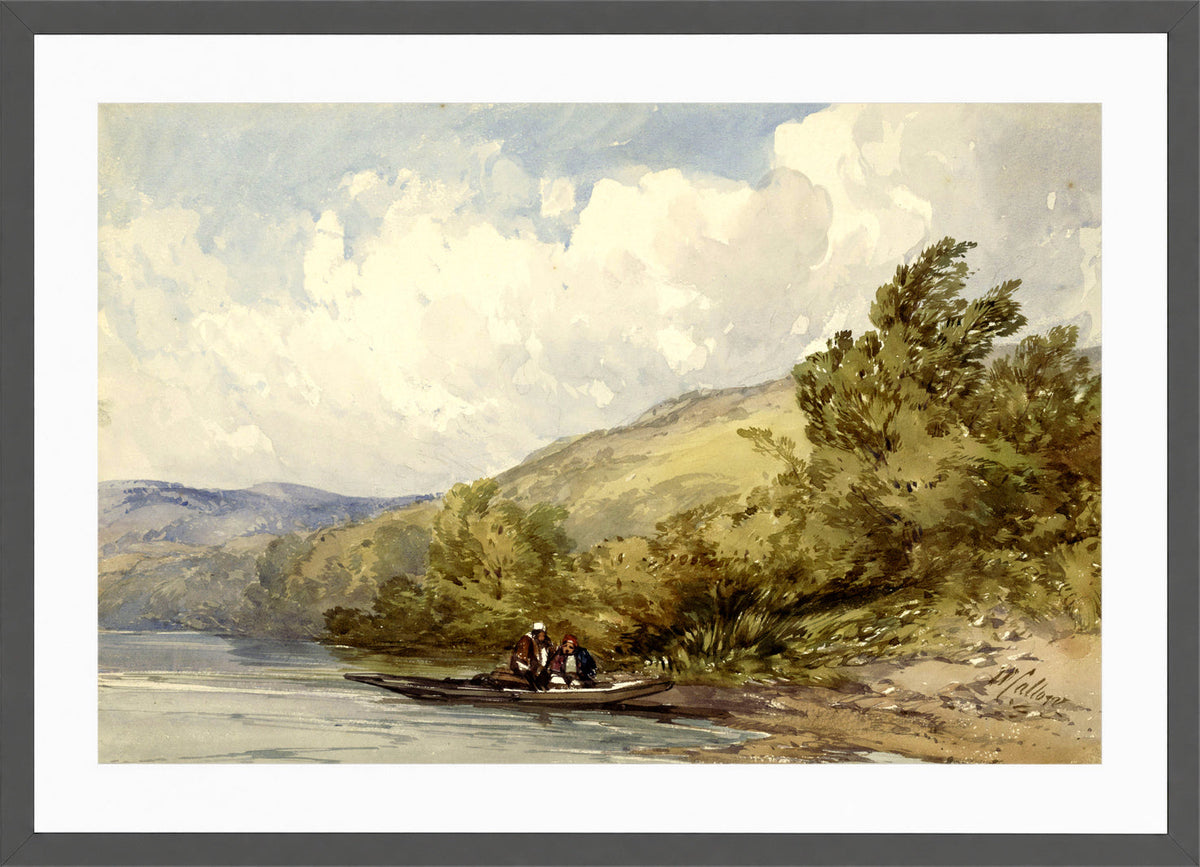 William Callow Print, Heuvellandschap met een meer en een boot met twee figuren (1822 - 1908) in a dark grey frame