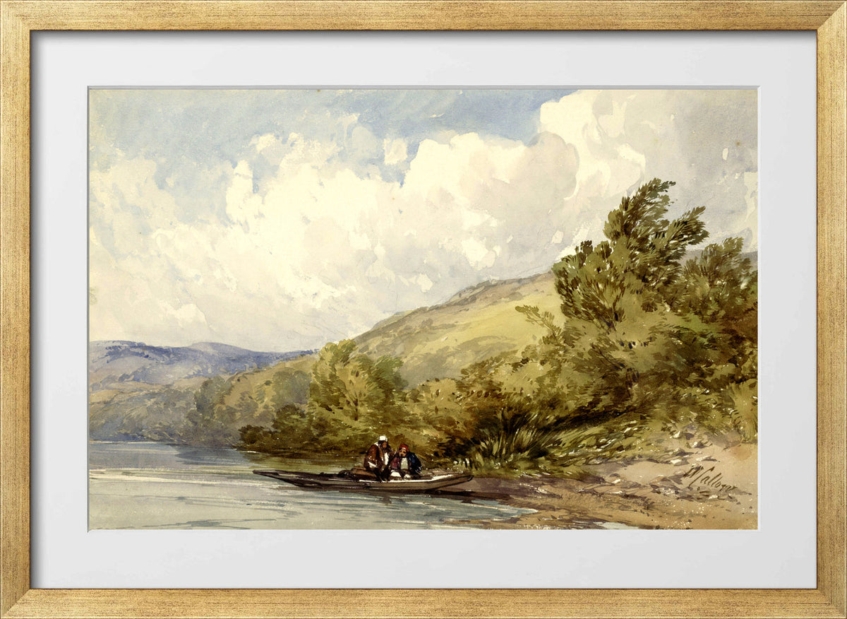 William Callow Print, Heuvellandschap met een meer en een boot met twee figuren (1822 - 1908) in a gold frame