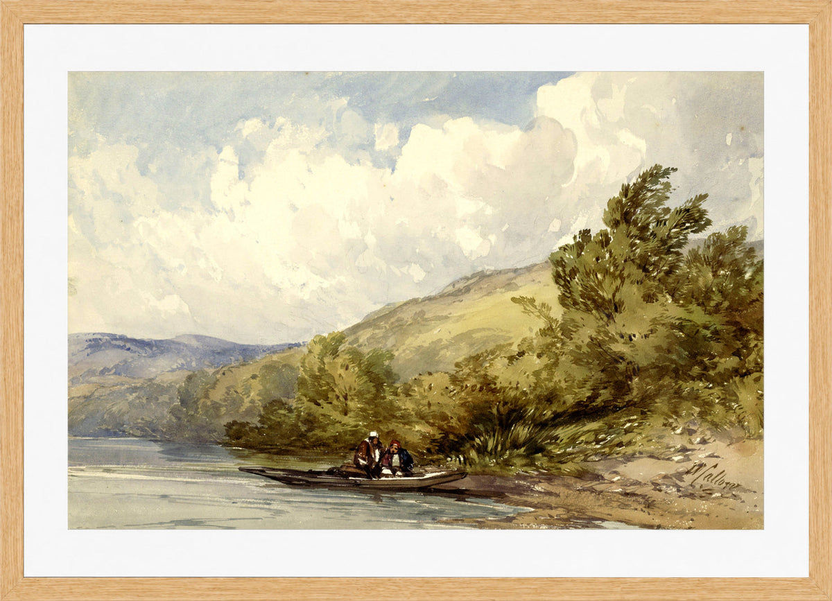 William Callow Print, Heuvellandschap met een meer en een boot met twee figuren (1822 - 1908) in an oak frame