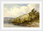 William Callow Print, Heuvellandschap met een meer en een boot met twee figuren (1822 - 1908) in a white frame