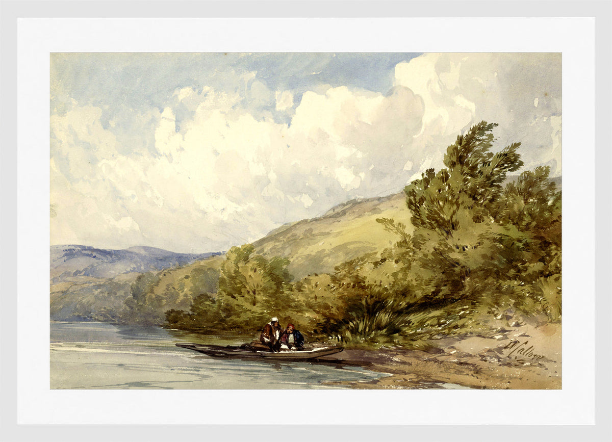 William Callow Print, Heuvellandschap met een meer en een boot met twee figuren (1822 - 1908) in a white frame