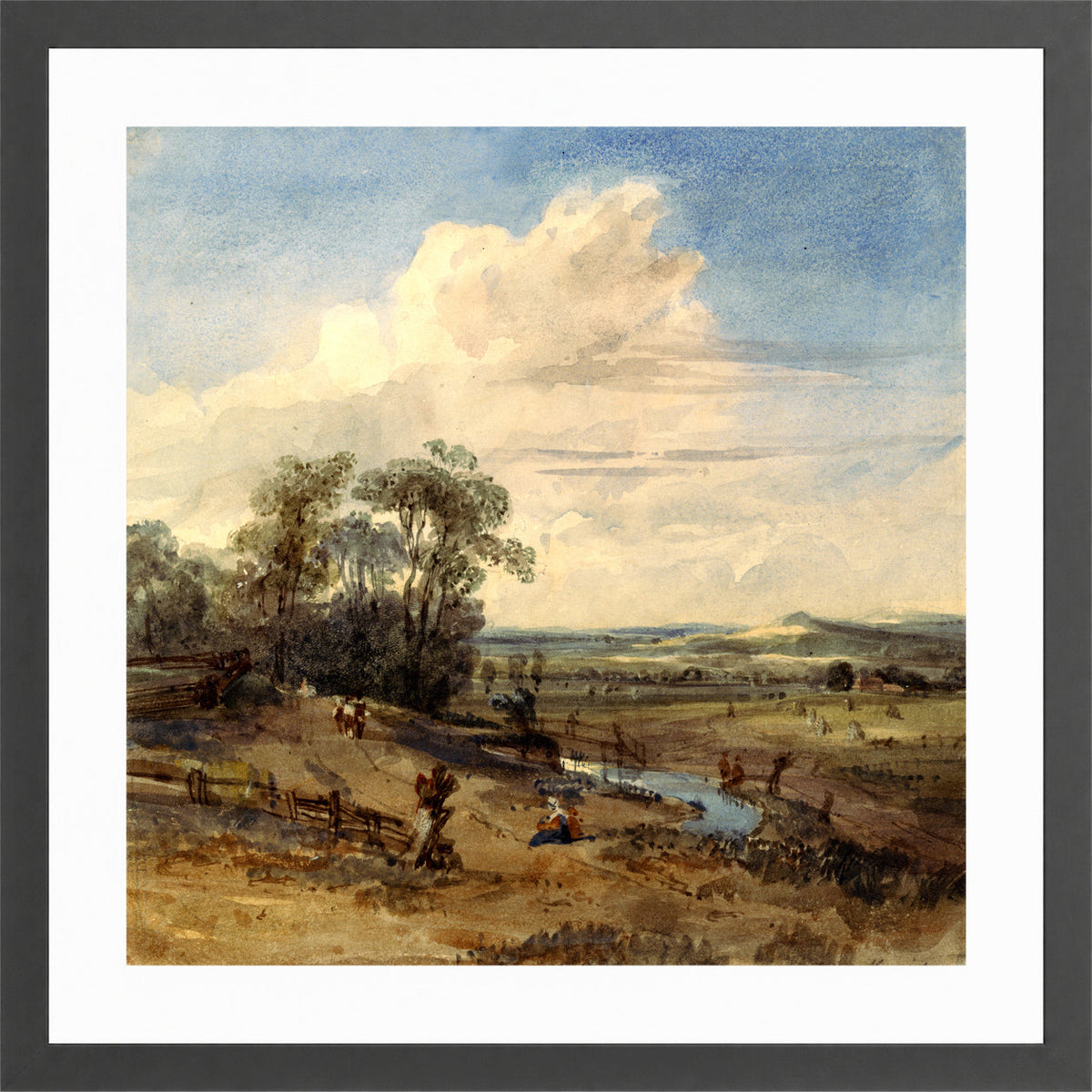 William Callow Print, Landscape after Wynants (in the Louvre) in a dark grey frame