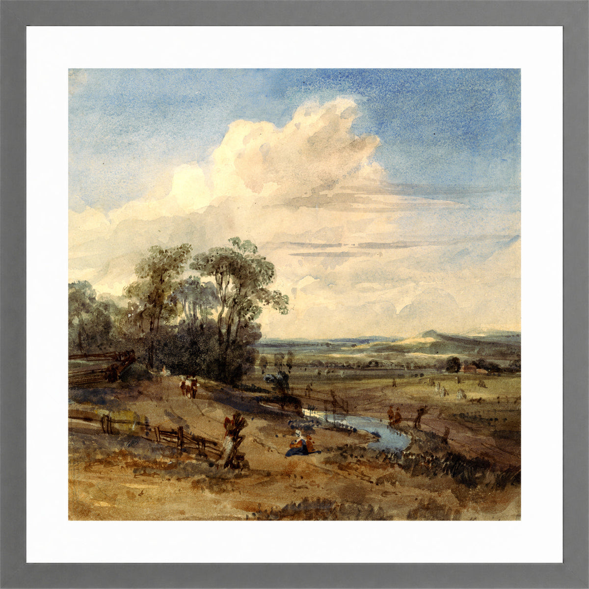 William Callow Print, Landscape after Wynants (in the Louvre) in a light grey frame