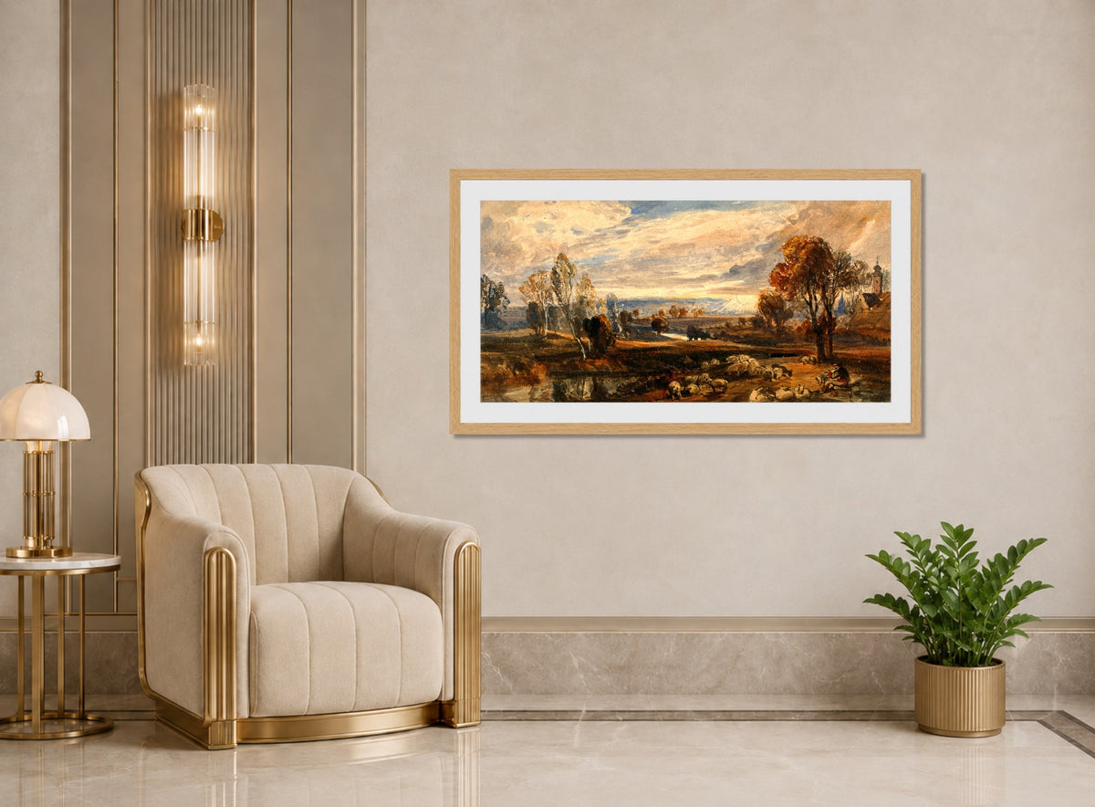 William Callow Print, Landscape with Sheep displayed in an Art Deco interior