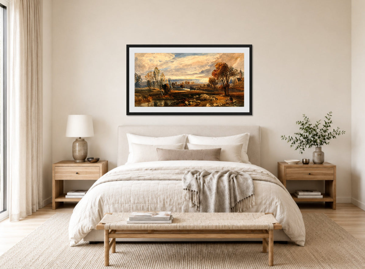 William Callow Print, Landscape with Sheep displayed above a bed